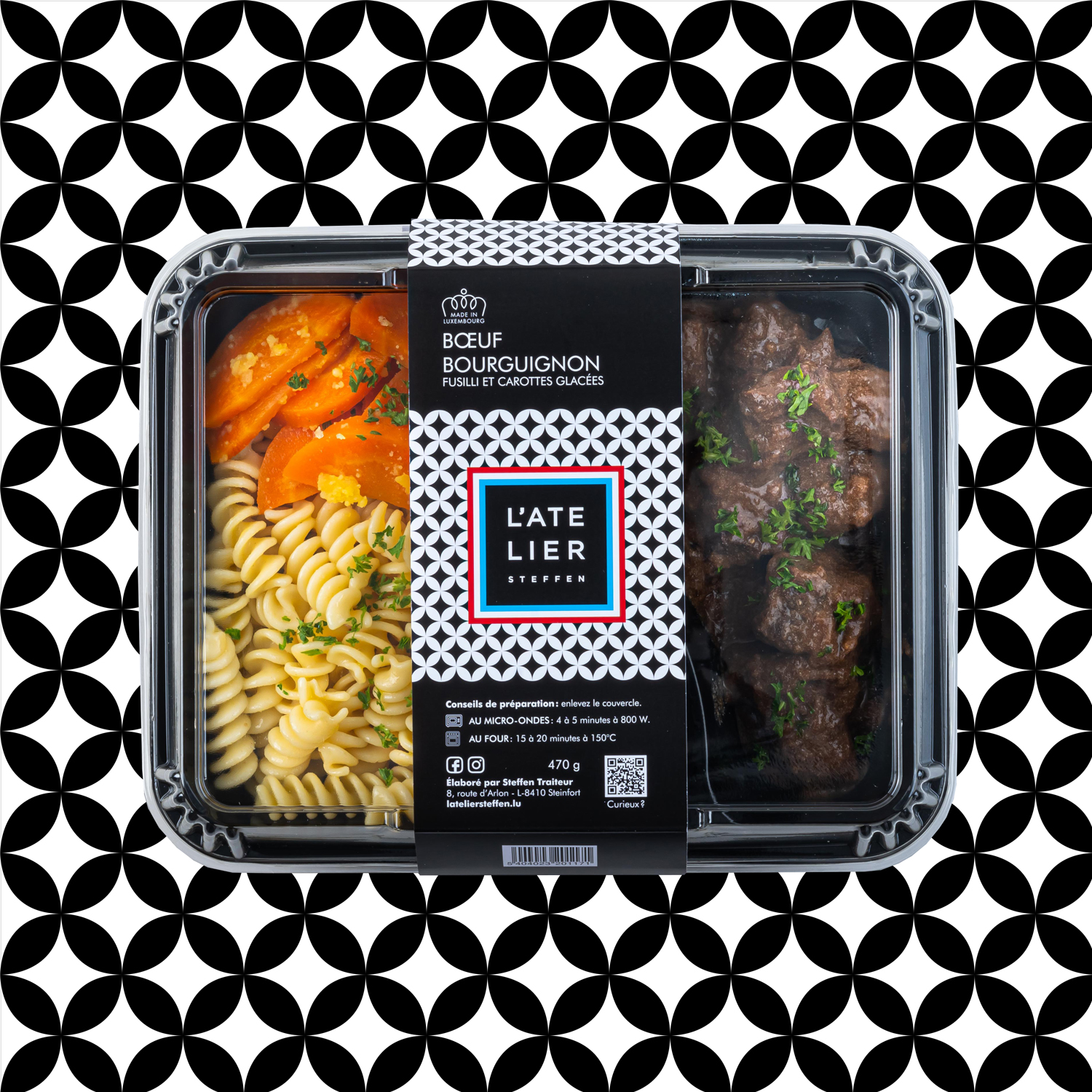 Bœuf bourguignon, fusilli et carottes glacées