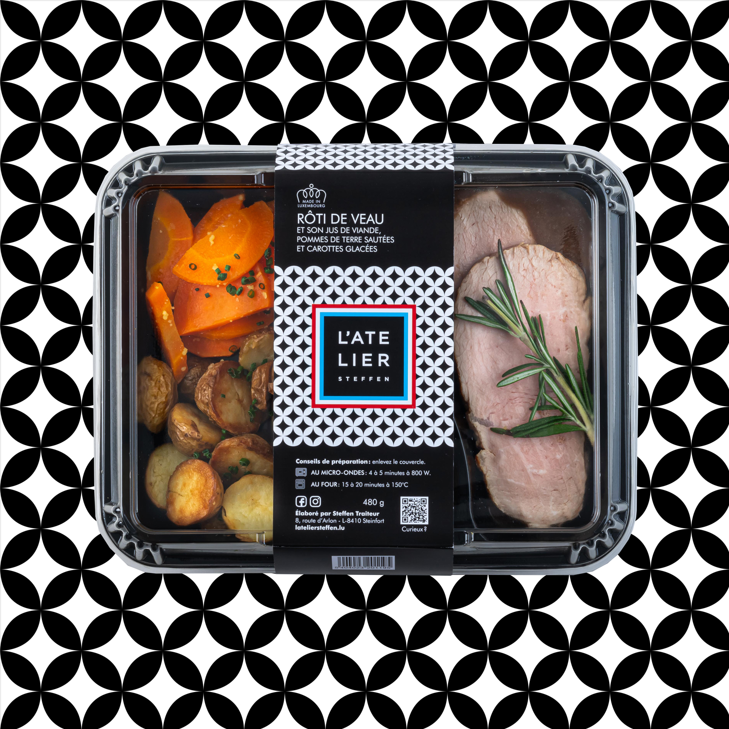 Rôti de veau et son jus de viande, pommes de terre sautées et carottes glacées