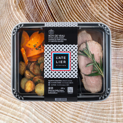 Rôti de veau et son jus de viande, pommes de terre sautées et carottes glacées