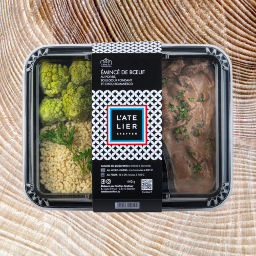 Émincé de bœuf au poivre, boulgour fondant  et chou romanesco