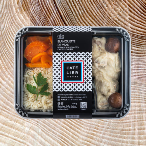 Blanquette de veau riz blanc aux échalotes, carottes glacées