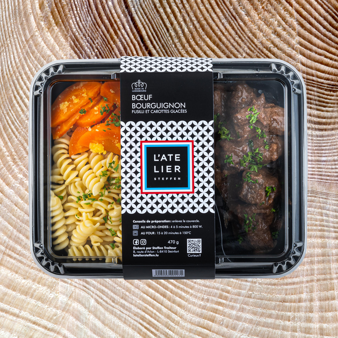 Bœuf bourguignon, fusilli et carottes glacées